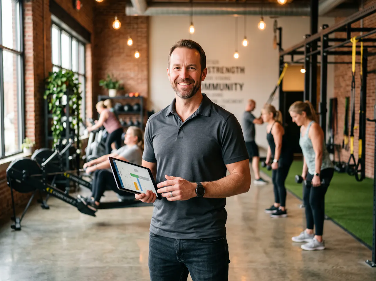 A gym owner holding a tablet in his studio