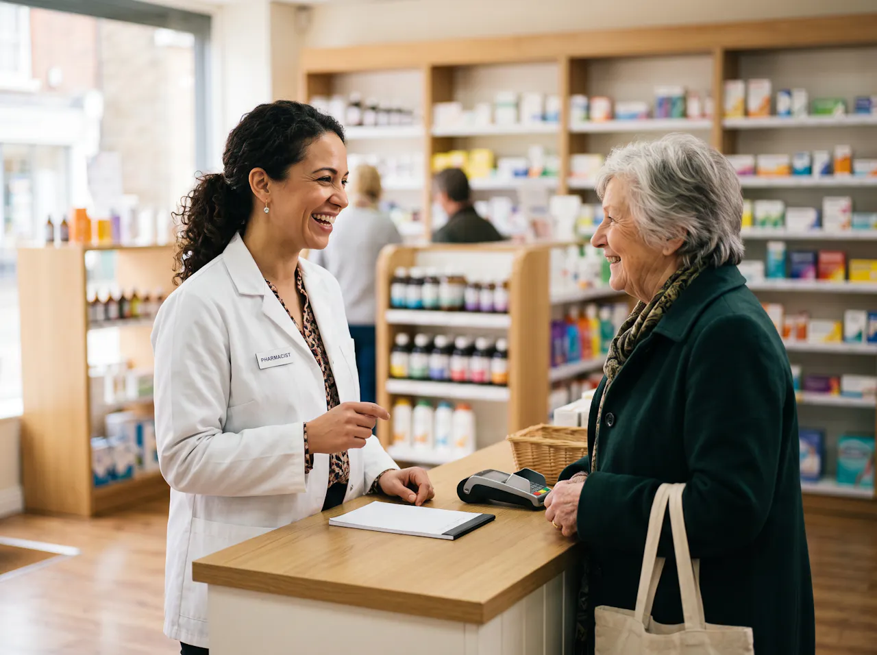 A community pharmacist chatting with a customer