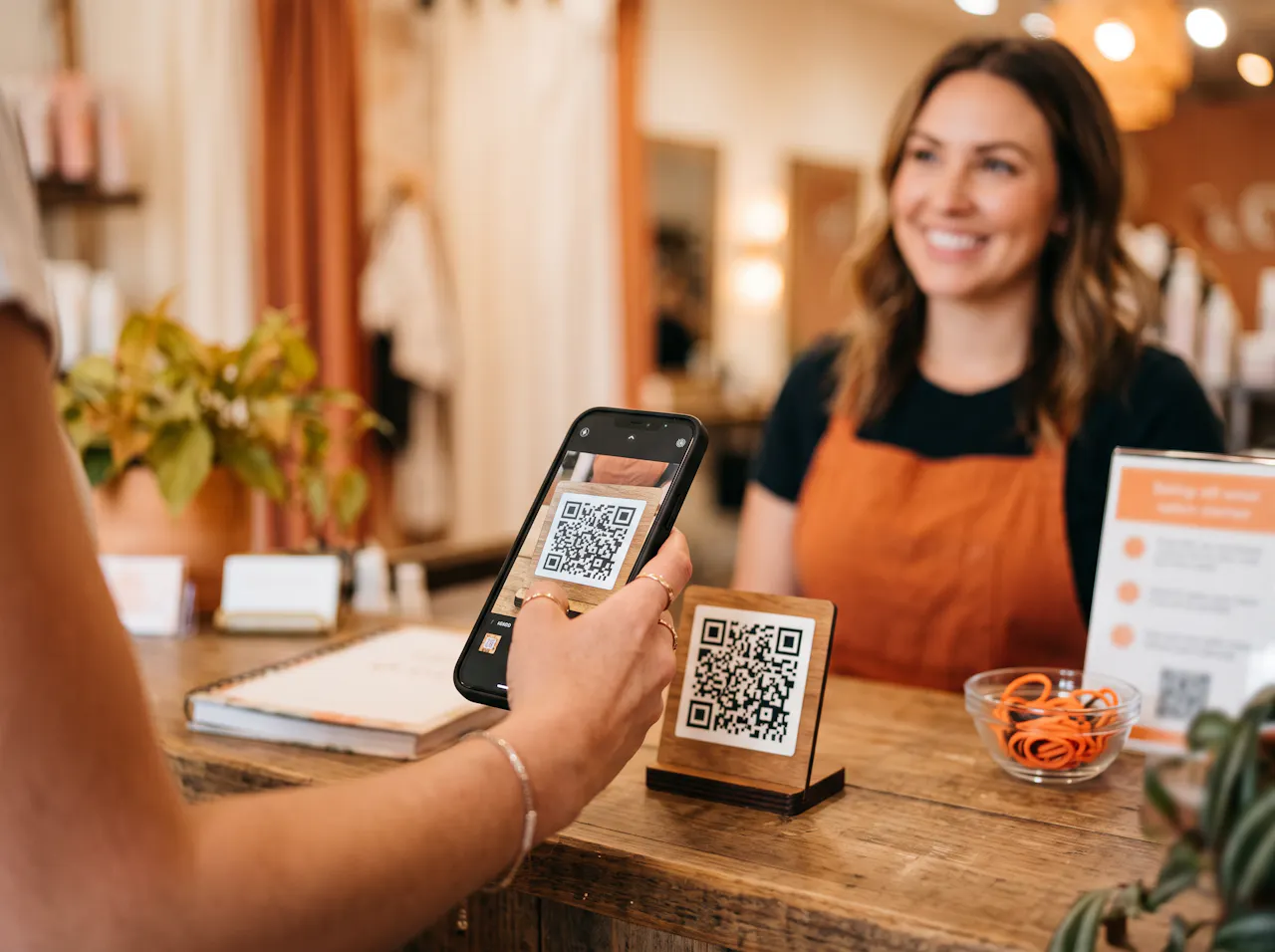 A customer scanning a QR code at a salon reception