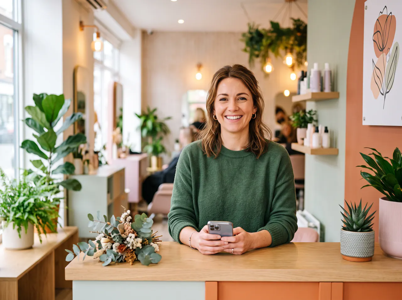 A salon owner smiling behind her reception desk, holding her phone