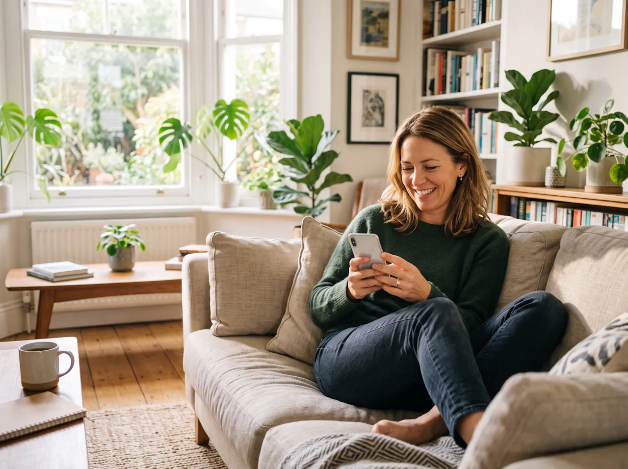 A smiling woman using her phone at home